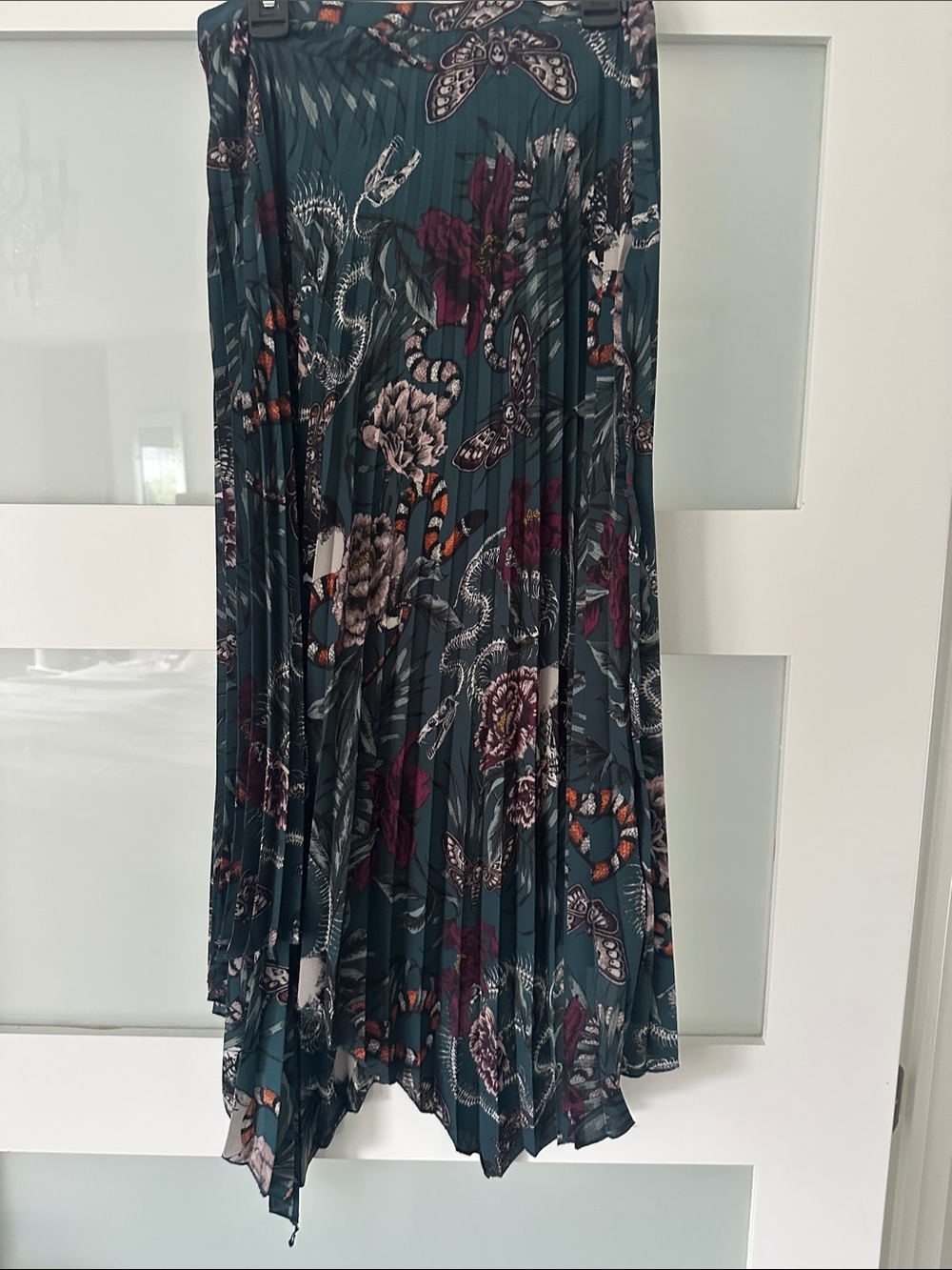 Pleated Floral Midi Skirt in dark k green with Burgundy Accents